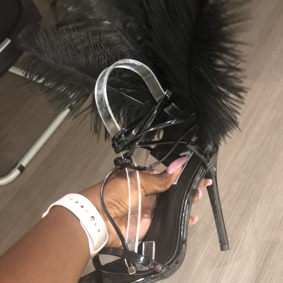 feathered high heel sandals